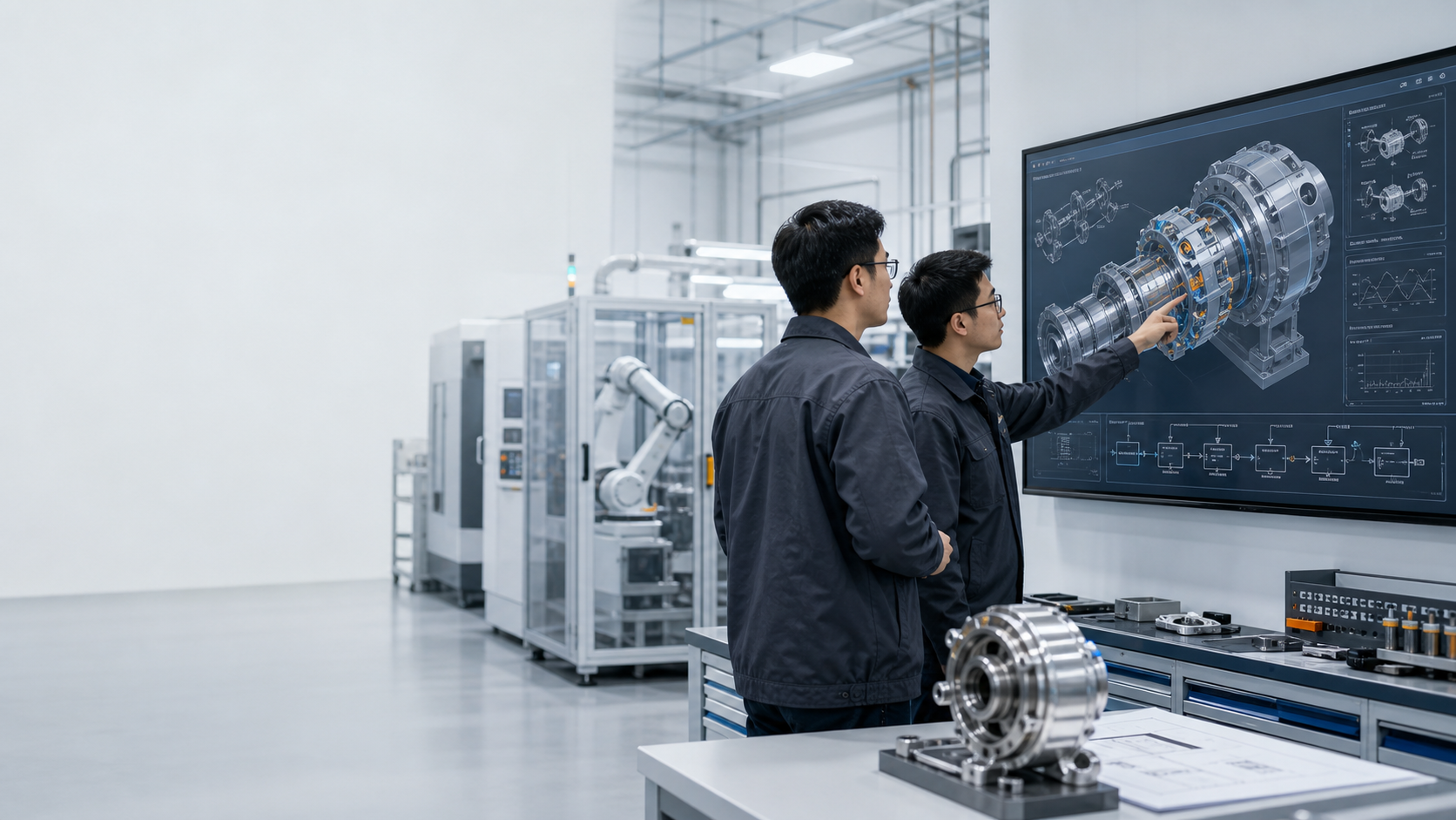 工业工程师与 AI 工程师共同查看工业系统并讨论机械结构