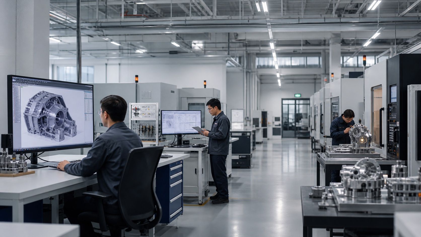 工程师、工业软件和加工设备共同工作的工业现场